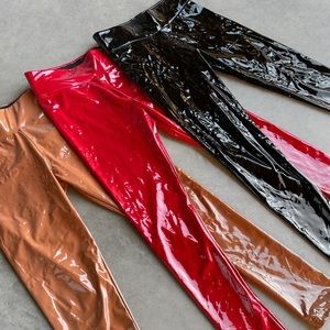 Red vinyl high waisted leggings